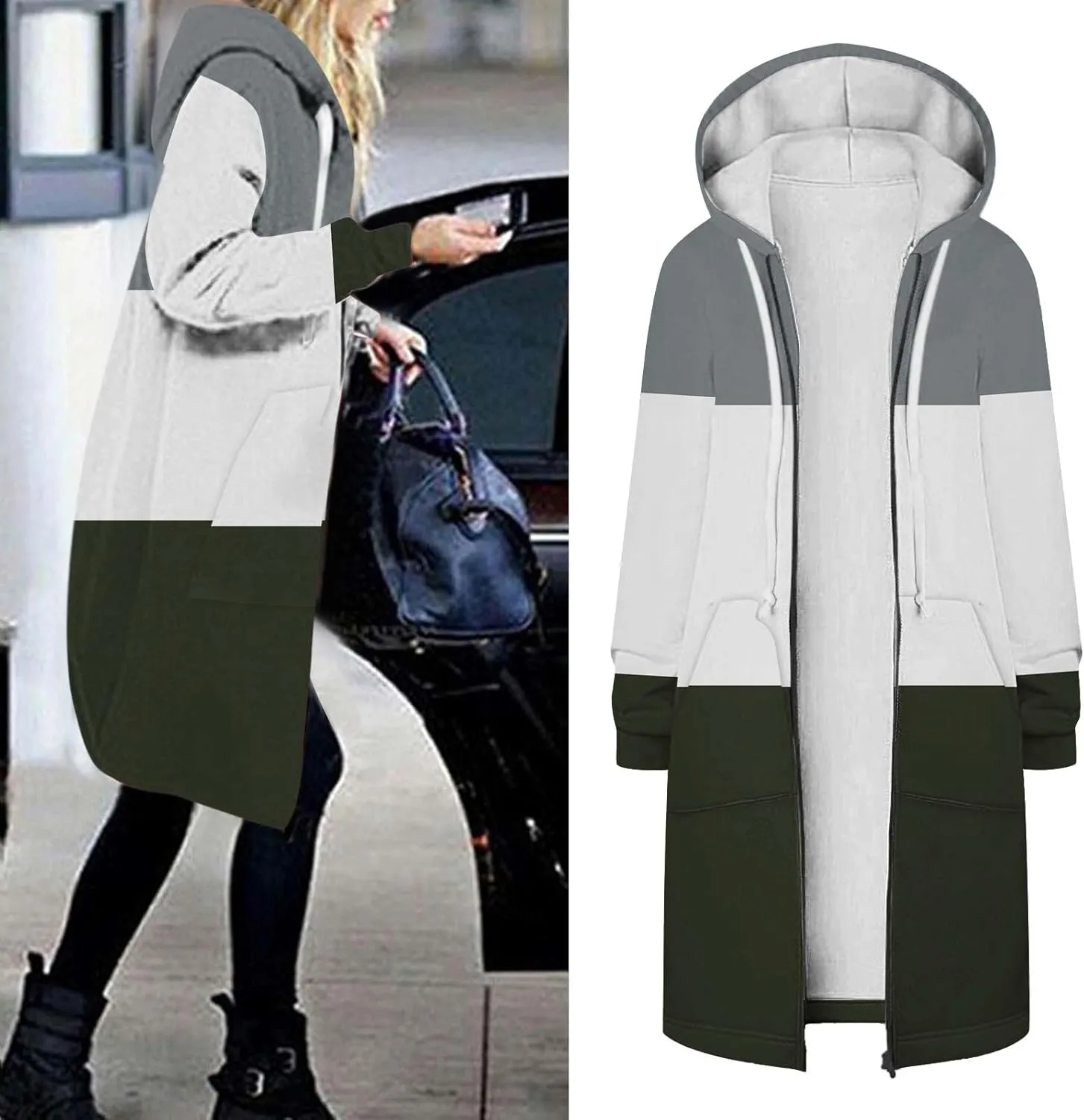 Womens Fleece Jacket Oversized Color Block Long Sleeve Winter Coats Drawstring Hooded Cardigan Tops Outerwear