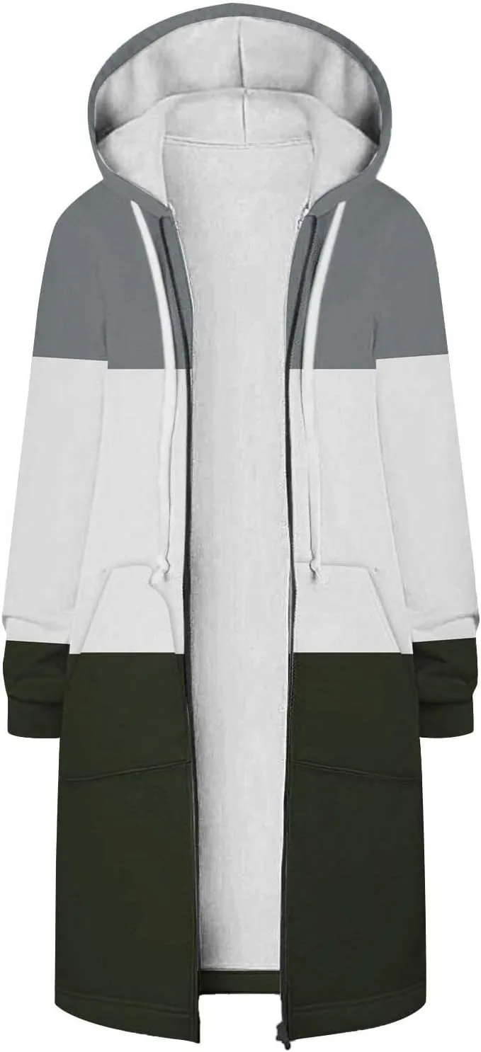 Womens Fleece Jacket Oversized Color Block Long Sleeve Winter Coats Drawstring Hooded Cardigan Tops Outerwear