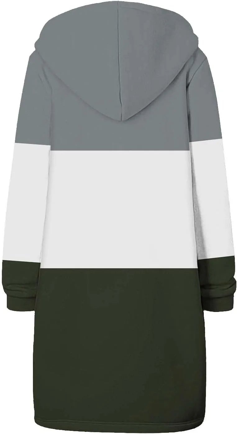 Womens Fleece Jacket Oversized Color Block Long Sleeve Winter Coats Drawstring Hooded Cardigan Tops Outerwear