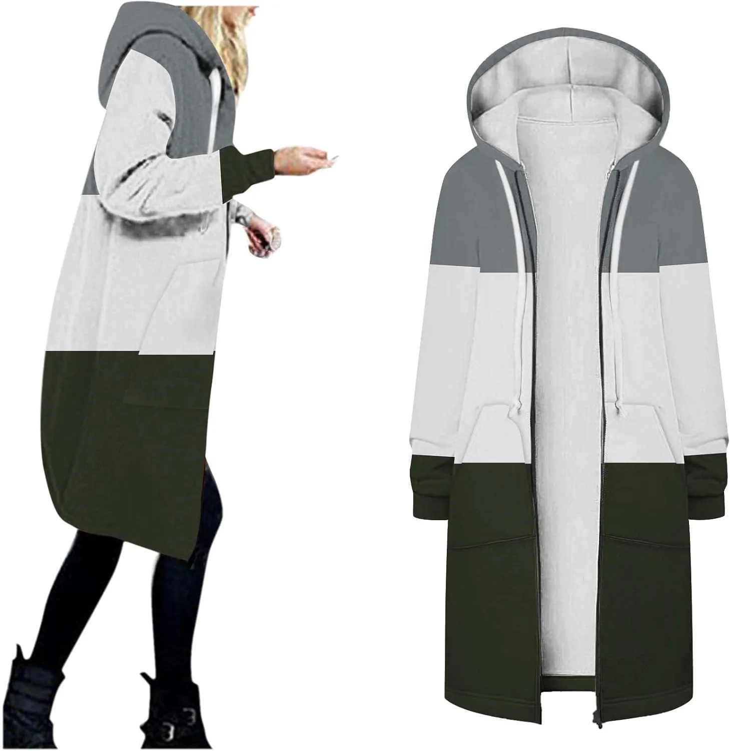 Womens Fleece Jacket Oversized Color Block Long Sleeve Winter Coats Drawstring Hooded Cardigan Tops Outerwear