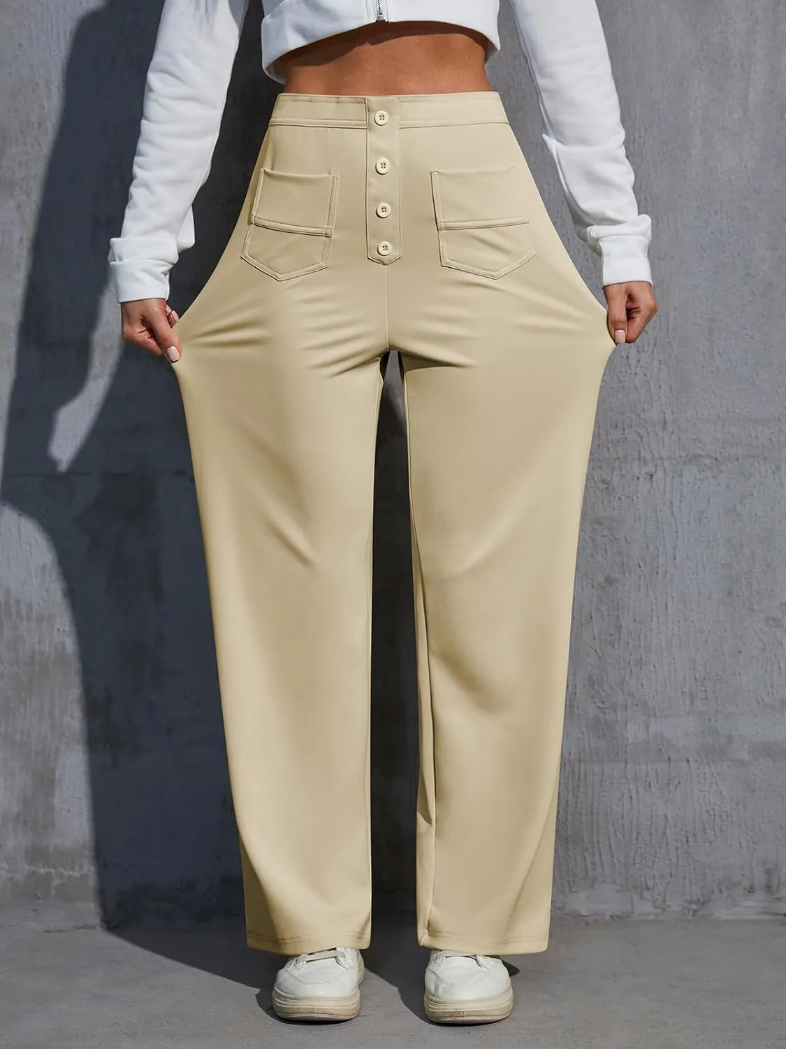 Womens High Waist Wide Leg Pants Casual Pants for Women Stretchy Business Dress Work Pocket Trousers Pant