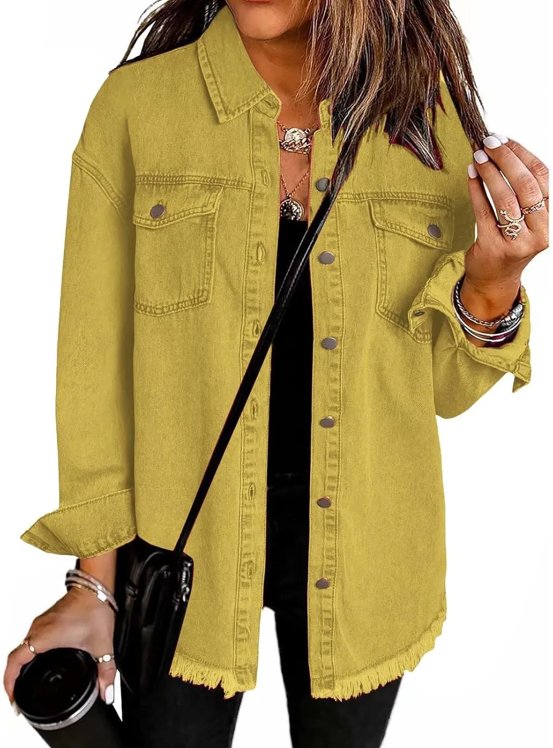 Womens Oversized Button Up Frayed Hem Shacket Long Sleeve Denim Shirts Pockets Denim Jean Jacket 2025 Summer Outfits