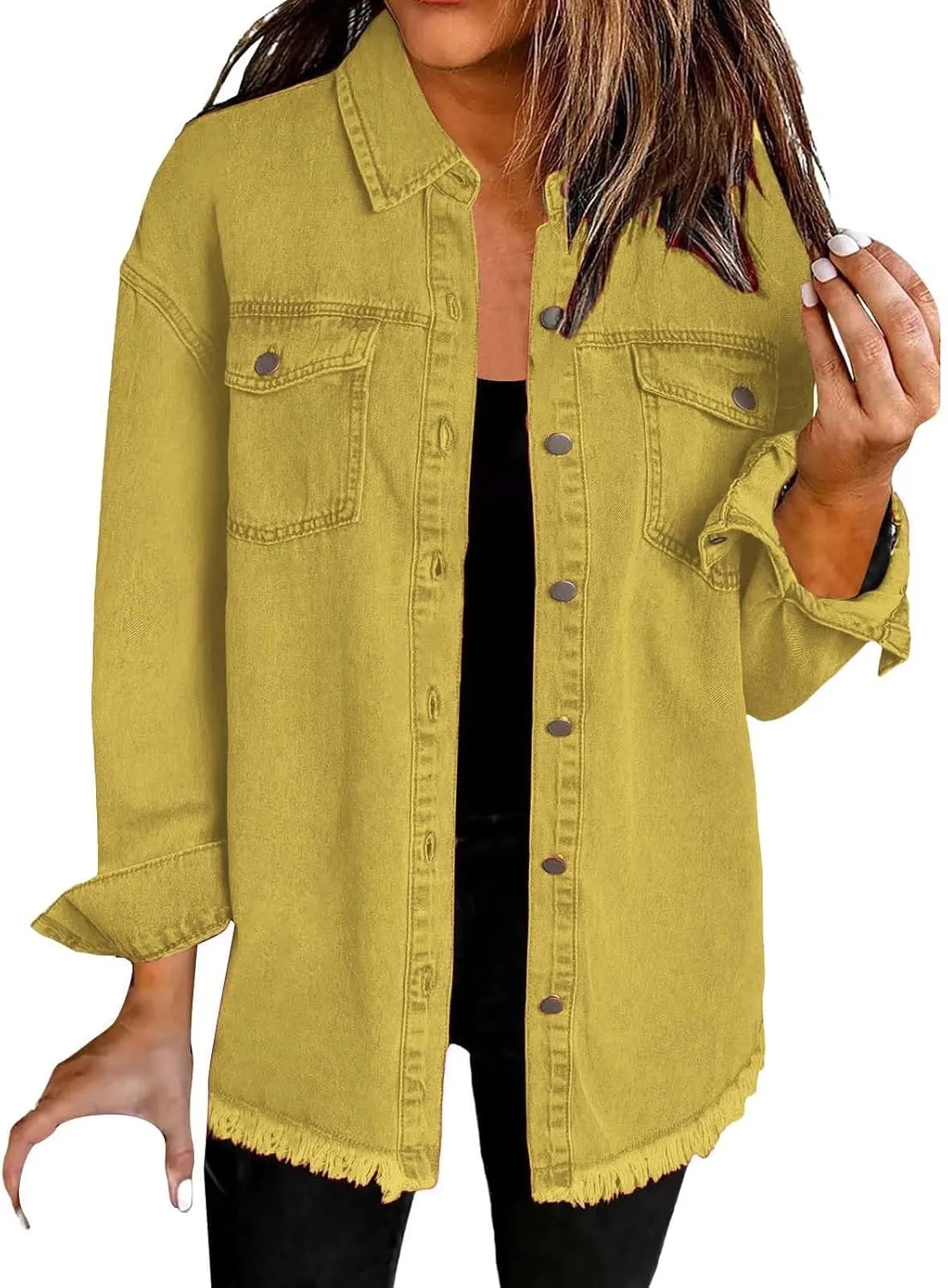 Womens Oversized Button Up Frayed Hem Shacket Long Sleeve Denim Shirts Pockets Denim Jean Jacket 2025 Summer Outfits
