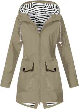 Womens Raincoat Fall Fashion Fit Waterproof Dressy Zip up Rain Jacket with Pockets Windbreaker Hooded Trench Coats