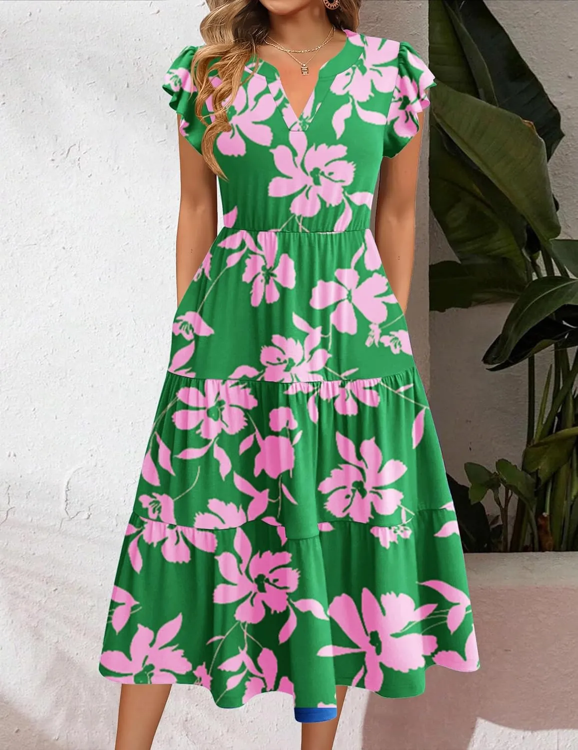 Zeagoo Womens Summer Casual Dresses Ruffle Sleeve V Neck Midi Dress Flowy Tiered Dress with Pockets Boho Sundresses