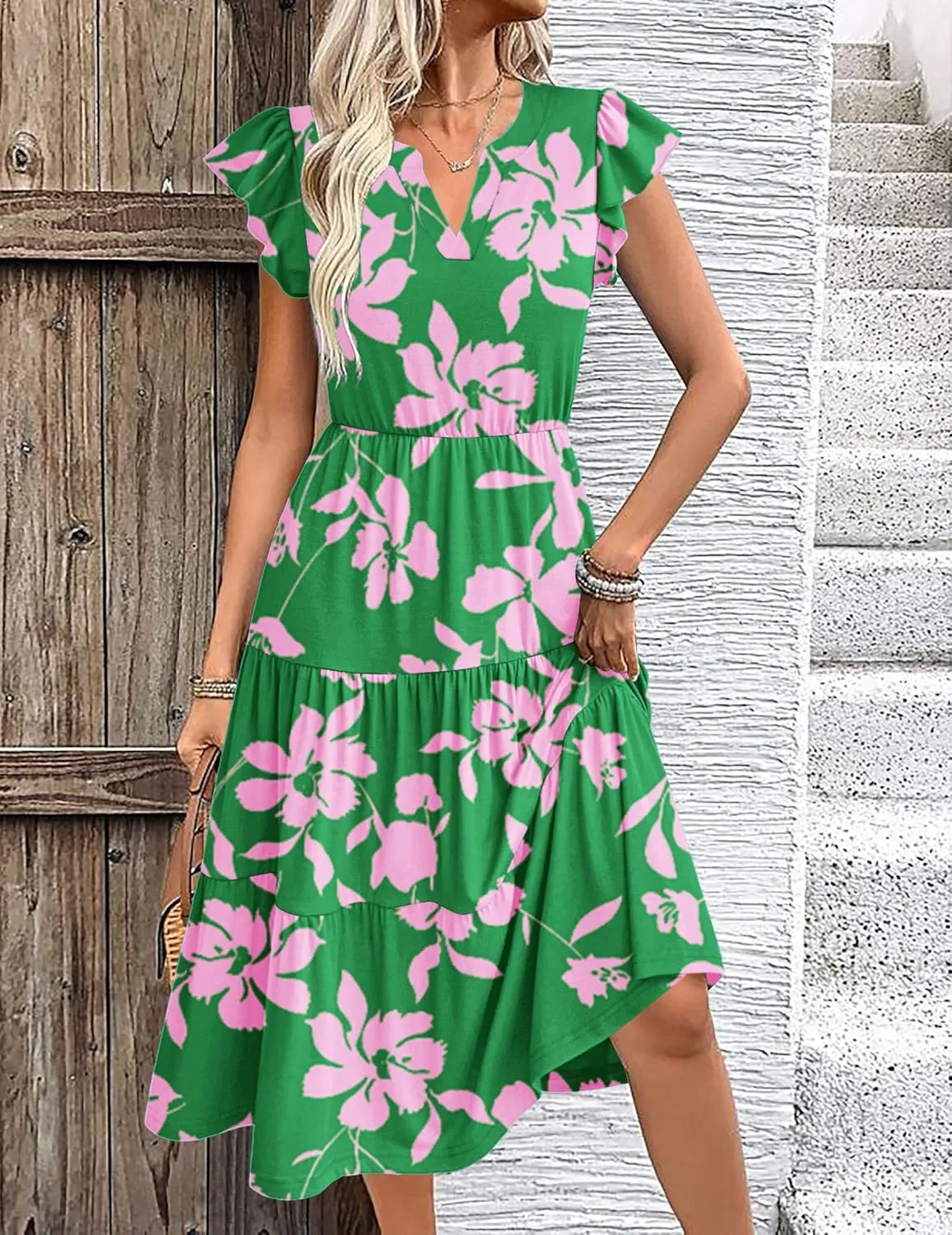 Zeagoo Womens Summer Casual Dresses Ruffle Sleeve V Neck Midi Dress Flowy Tiered Dress with Pockets Boho Sundresses