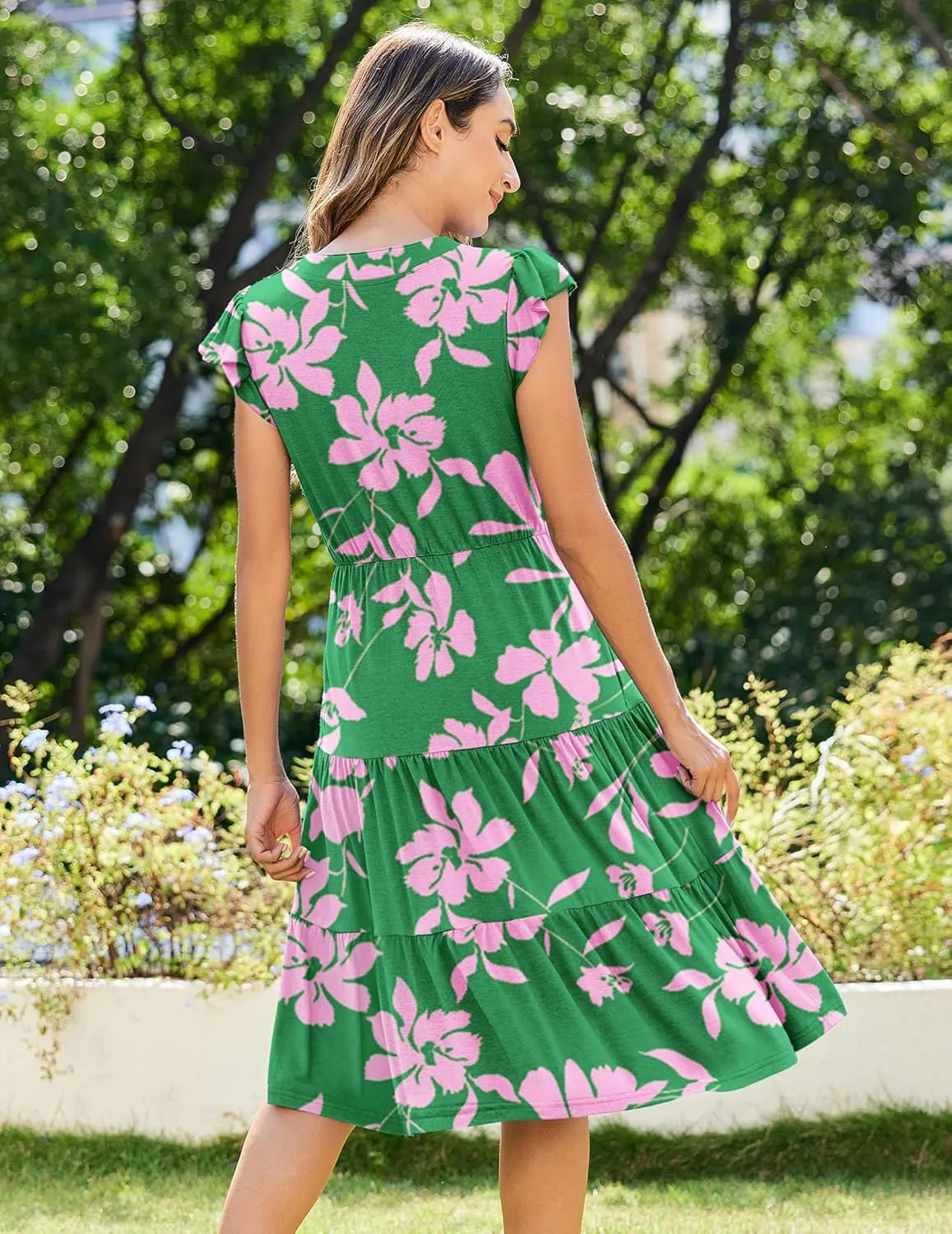 Zeagoo Womens Summer Casual Dresses Ruffle Sleeve V Neck Midi Dress Flowy Tiered Dress with Pockets Boho Sundresses