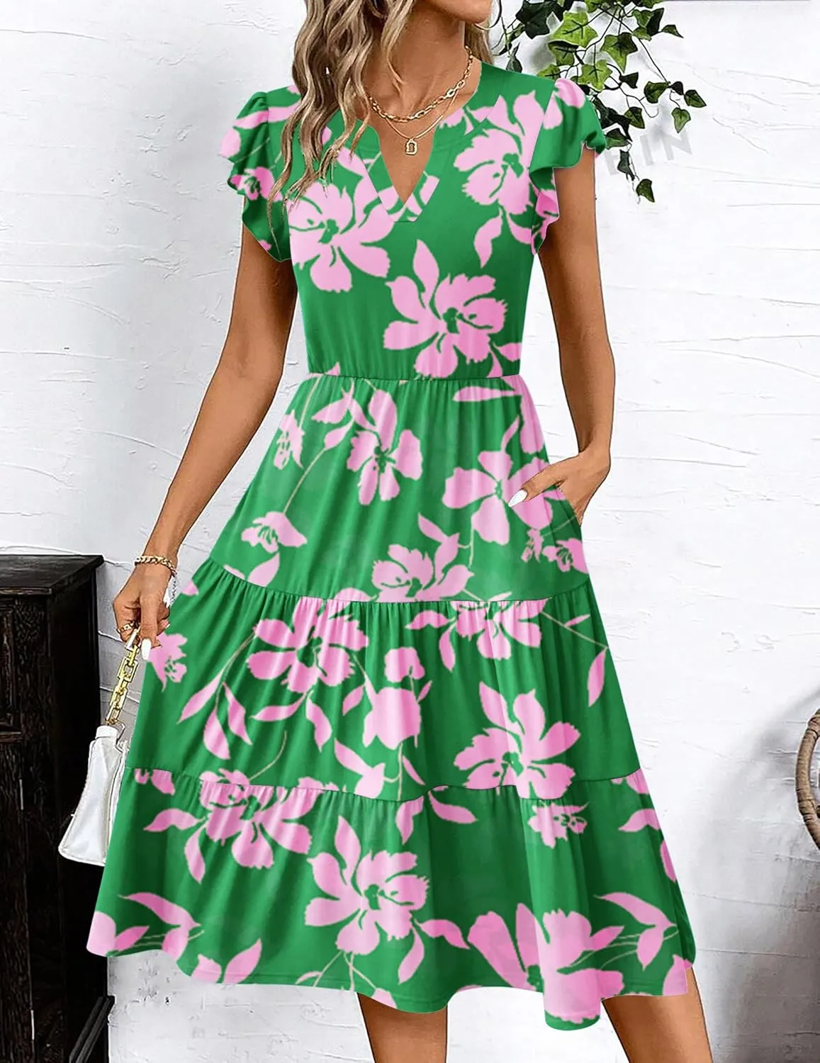 Zeagoo Womens Summer Casual Dresses Ruffle Sleeve V Neck Midi Dress Flowy Tiered Dress with Pockets Boho Sundresses