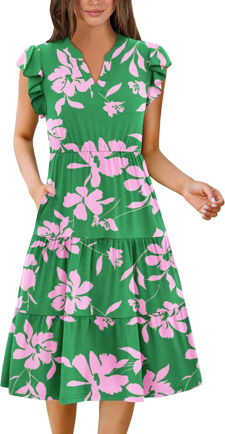 Zeagoo Womens Summer Casual Dresses Ruffle Sleeve V Neck Midi Dress Flowy Tiered Dress with Pockets Boho Sundresses