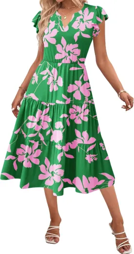 Zeagoo Womens Summer Casual Dresses Ruffle Sleeve V Neck Midi Dress Flowy Tiered Dress with Pockets Boho Sundresses